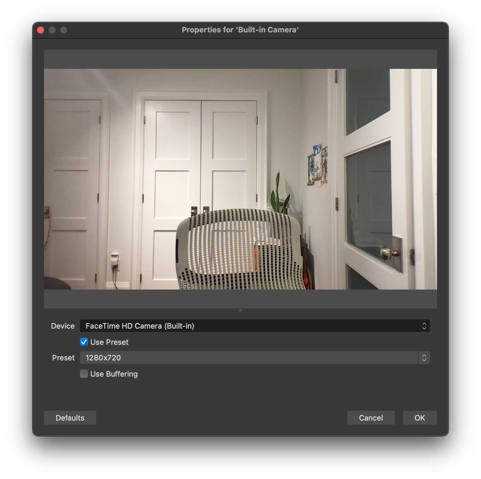 OBS video source preview from built-in camera