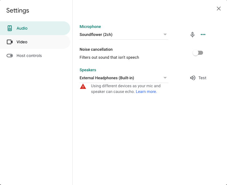 Google Meet Audio Settings with Soundflower (2ch) and External Headphones selected
